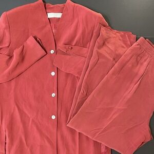 Valerie‎ Steven's Pure Silk Pant Suit Size 8 Burgundy Lagenlook Business Preppy